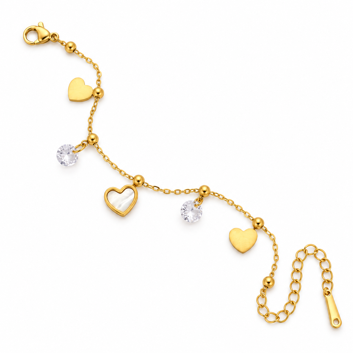 Gold Tone Heart & Crystal Charm Bracelet