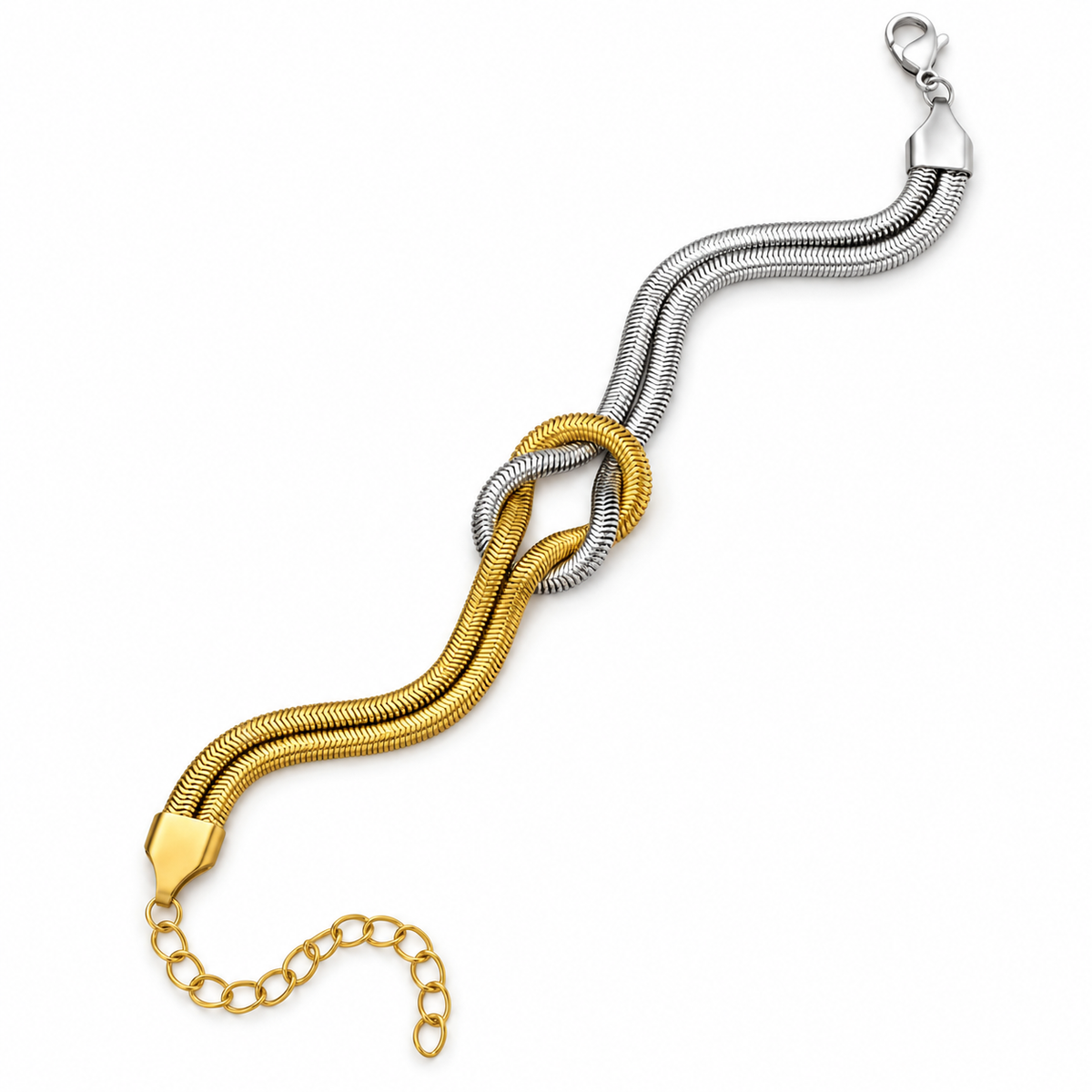 A two-tone snake chain bracelet featuring a gold section and a silver section, arranged in a loop with an extender chain and lobster clasp on a plain white background.