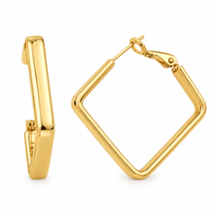 A pair of polished yellow gold hoop earrings with a geometric, open diamond shape, shown from both a side profile and a front-facing angle on a clean white background.